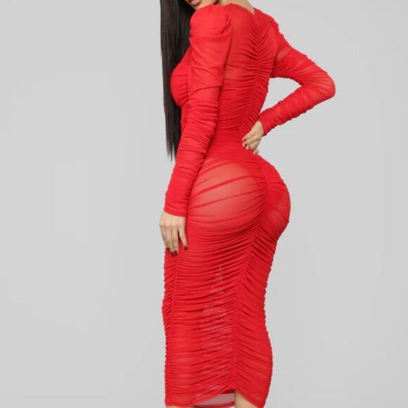 Fashion Nova Mesh With His Head Ruched Dress – Red Lrg - Picture 9 of 14